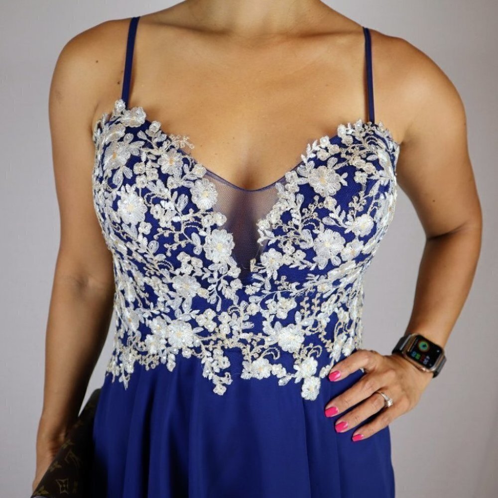 Faviana Navy Blue Lace Lace Bodice Dress $298 NWOT - Picture 3 of 10